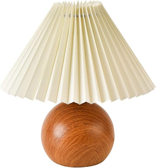KUNJOULAM Cute Small Pleated Lamp, Modern Bedside Nightstand Light with Beige Lampshade, Wooden Pattern Metal Base Desk Lamp for Bedroom, Home Office, Living Room