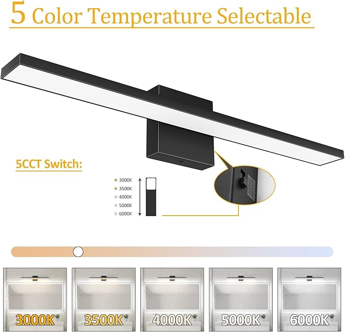 Ralbay 5 Color Temperature Dimmable LED Modern Bathroom Vanity Light Bar 24inch 16W Matte Black Modern Acrylic Bathroom Wall Lighting Fixtures Over Mirror
