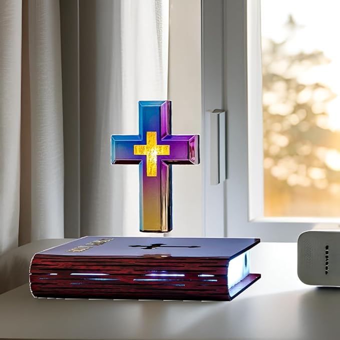 MOOCCI Levitating Cross Lamp Magnetic Floating Bible Night Light Colorful Levitation Cross Ornament with Glowing Base for Home Desk Table Decoration