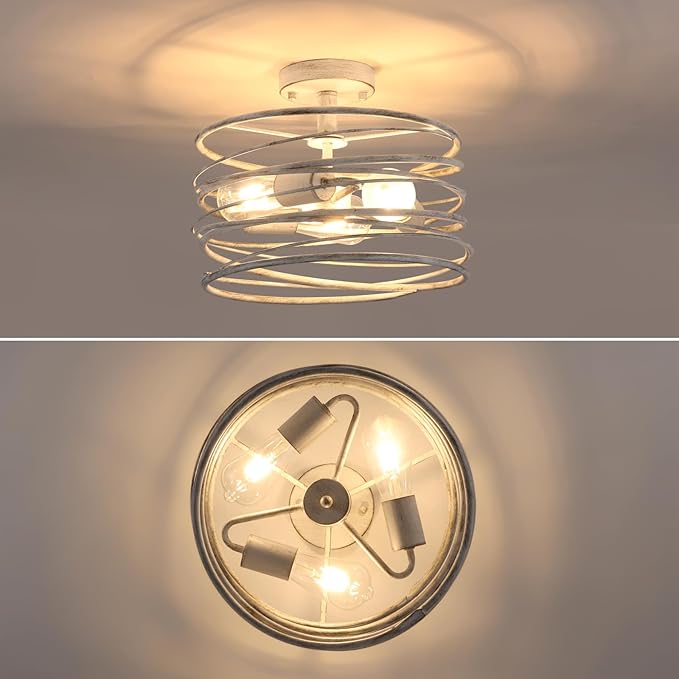 White 3-Light Rustic Drum Semi Flush Ceiling Light Fixture, Retro Farmhouse Chandeliers Metal Cage for Dining Room, Industrial Pendant Light Fixture for Entryway Kitchen Foyer Bedroom