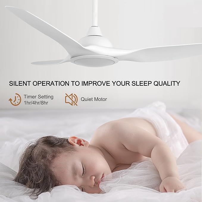 52 Inch Quiet DC Motor White Ceiling Fan with Light Remote Control, Indoor 3 Blade Modern Ceiling Fan for Bedroom Living Room