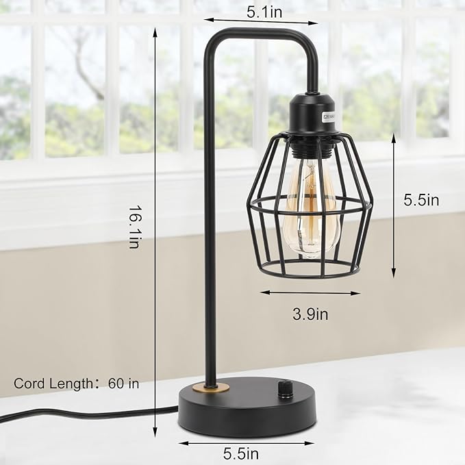 Industrial Dimmable Table Lamps Set of 2, Modern Black Bedside Lamp with USB A+C Outlet Charging Ports, Farmhouse Lamp with Metal Cage Shade for Bedroom, Office, Living Room, Bulb Included