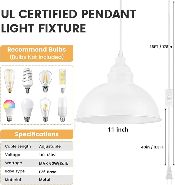 Plug in Pendant Light, 15FT Hanging Lights with Plug in Cord, On/Off Switch, Industrial Pendant Light with Plug in Cord, Metal Hanging Lamps for Living Room, Kitchen, Dining Room-Large White