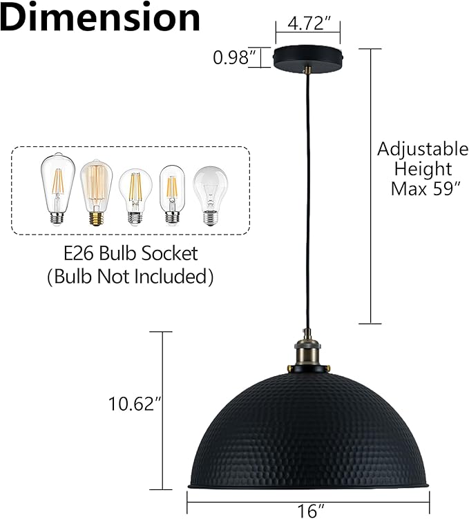 Industrial Large Black Gold Pendant Lights 2-Pack Vintage 16" Dome Pendant Light Fixtures with Golden Finish Rustic Farmhouse Black Pendant Lights for Kitchen Island, Dining Room, Bedroom