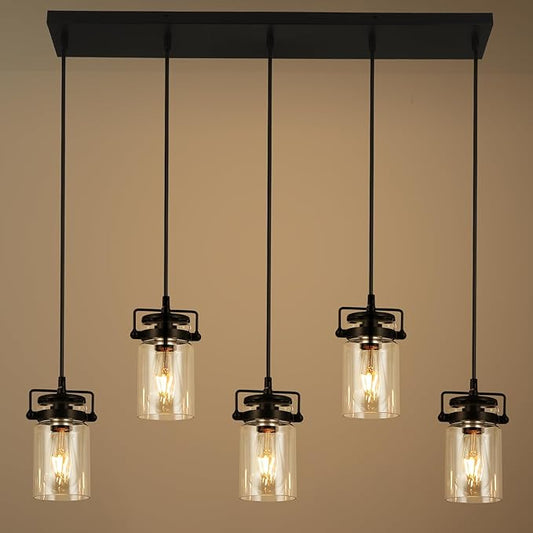Pendant Lighting for Kitchen Island, Dining Room Light Fixture Black, 5-Light Hanging Linear Chandeliers with Clear Glass Shade Farmhouse Chandeliers for Dining Room(E26 Bulb Base)