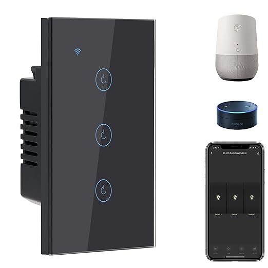 BSEED Smart Light Switch,3 Gang WiFi Touch Switch with Smart Life APP Control and Timing Function,Black Single Pole Switches Work with Amazon Alexa,Google Assistant -(3 Way) Multi-Control Association
