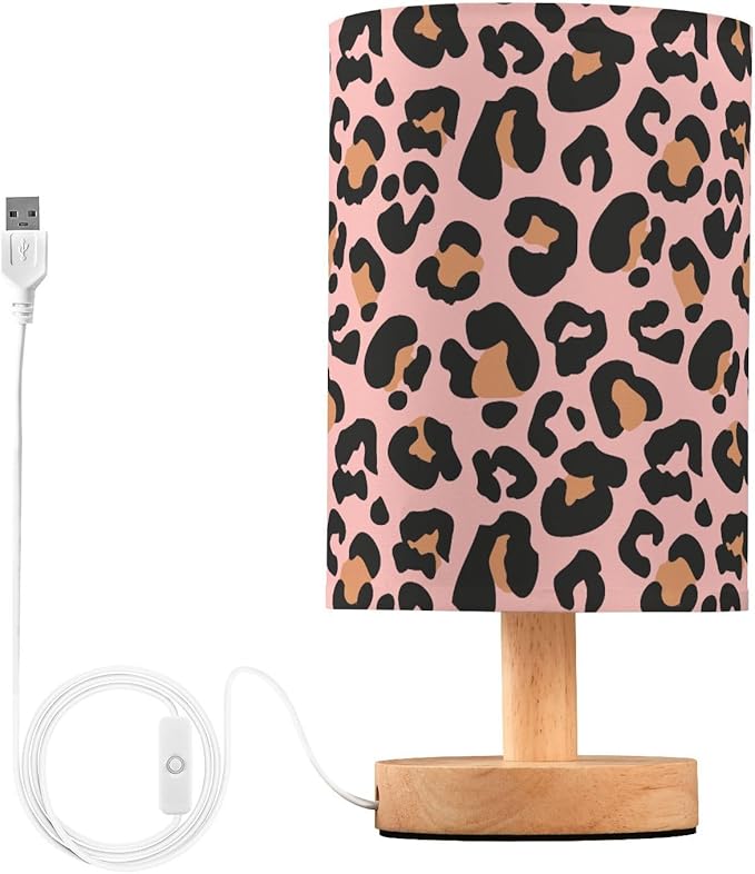 Bedside Table Lamp Pink Leopard Nightstand Lamp with Wood Animal Cheetah Print Desk Lamps for Bedroom Living Room Nursery Office Home Decor