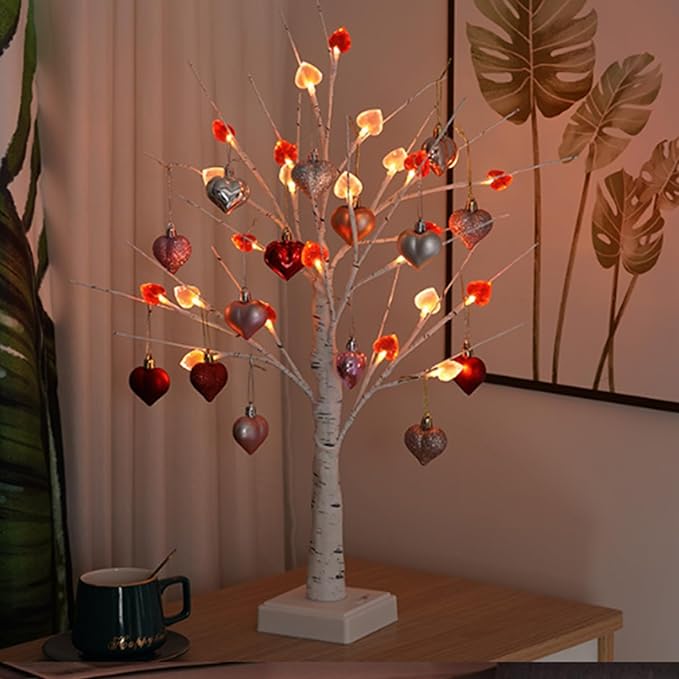 Tabletop Mini Tree Light 23.6Inch Height Artificial Lamp with 24Pcs Led Heart and Timer Dimmable White Birch Twinkle Fairy Tree Lamp 3 AA Battery or USB Powered for Girls Bedroom Decor