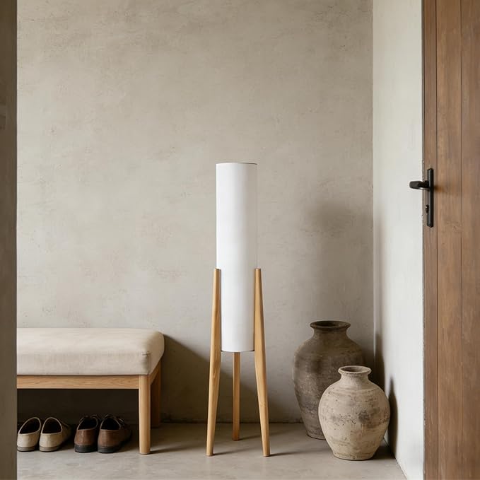 MIXL-Tripod Wooden Tall Floor Lamp,Fabric Drum Shade Corner Standing Lamp,Farmhouse Style Floor Light for Nursery and Study Room