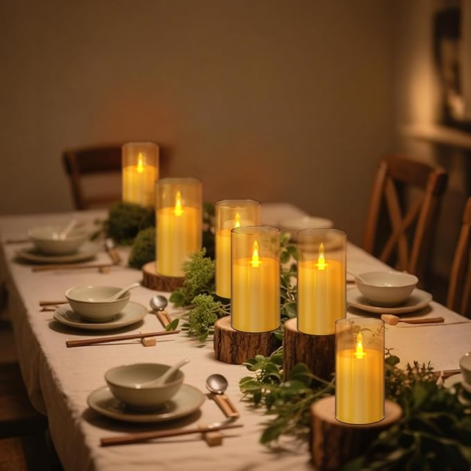 Flameless Candles 4" 5" 6" Set of 2 Acrylic Glass Pillars 3" Diameter Battery Operated Flickering Candles Include 8-Key Remote with Timer Function 400+ Hours (Amber, 2 Pack)