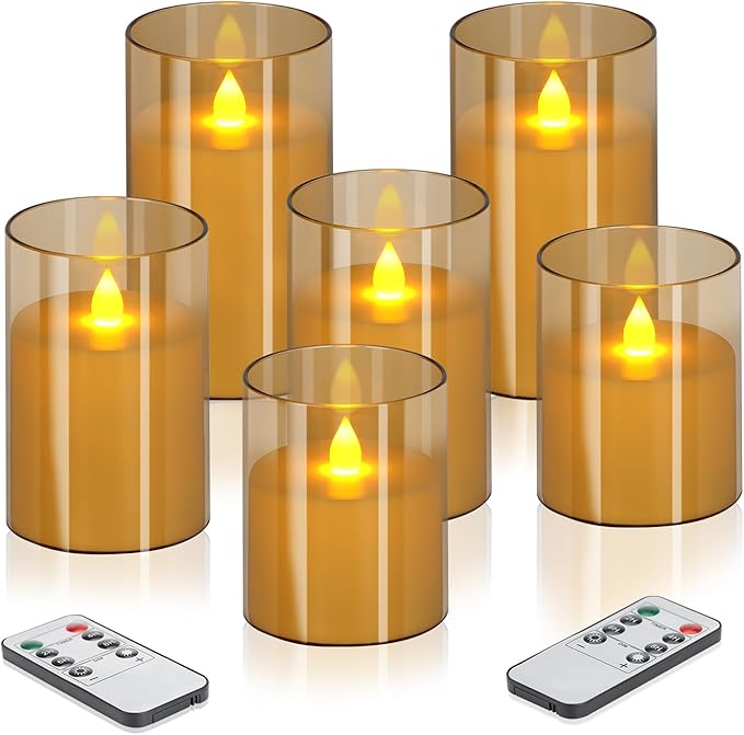 Flameless Candles 4" 5" 6" Set of 6 Acrylic Glass Pillars 3" Diameter Battery Operated Flickering Candles Include 8-Key Remote with Timer Function 400+ Hours (Amber, 6 Pack)