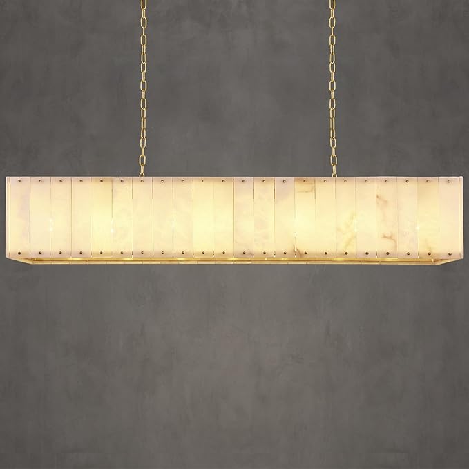 Alabaster Rectangular Chandelier L55in Spanish Natural Marble Rectangle Chandeliers,Modern Gold Large Alabaster Chandeliers for Dining Room over Table,Kitchen Island,Living Room,Included Bulbs
