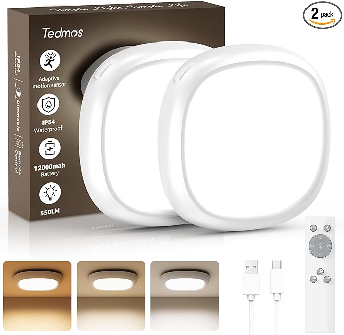 2 Pack IP54 Waterproof Rechargeable Shower Light Indoor, 12000mAh Motion Sensor Wireless Ceiling Light with Remote No Wiring, Battery Operated Closet Lights Cordless LED Overhead Lighting for Bathroom