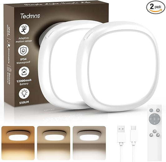 2 Pack IP54 Waterproof Rechargeable Shower Light Indoor, 12000mAh Motion Sensor Wireless Ceiling Light with Remote No Wiring, Battery Operated Closet Lights Cordless LED Overhead Lighting for Bathroom