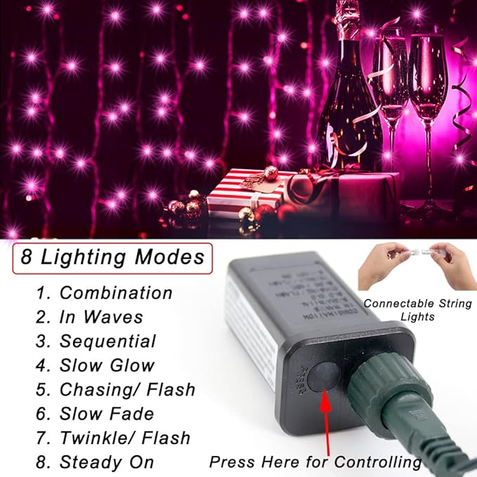 66 ft 200 LED Pink String Lights, Pink Lights Valentine's Day Decorations, Indoor Outdoor Connectable 8 Modes Clear Wire Twinkle Fairy String Lights Plug in for Valentine's Day Wedding Bedroom Party