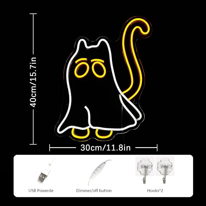 Cat Ghost Neon Sign Scary Ghost LED Neon Sign Dimmable Cat Mom Neon Light for Halloween Decor Animal Cat Ghost Neon Lights for Scary Bedroom Halloween Party