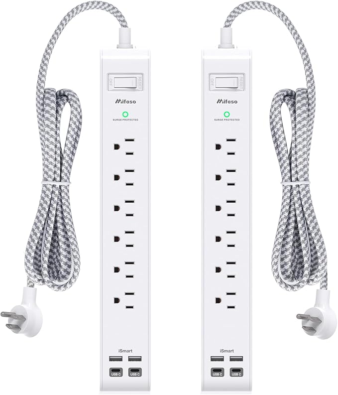 2 Pack Power Strip Surge Protector, 6 Outlets 4 USB Ports (2 USB C) 5Ft Long Extension Cords, Flat Plug Overload Protection Outlet Strip, Wall Mount for Home, Office and Dorm Essential, ETL Listed