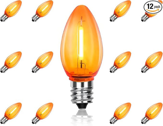 C7 LED Light Bulbs, 12 Pack Halloween Orange Outdoor String Lights Replacement Bulbs, 0.6W E12 Candelabra Base for Patio, Halloween & Christmas Party Decor