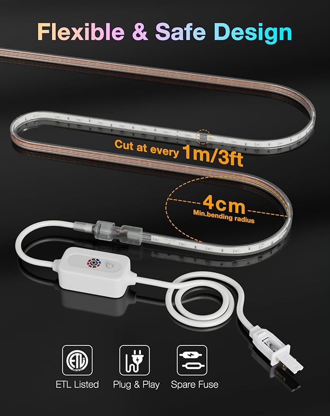 Shine Decor 120V RGB LED Strip Light Remote Control, Cold Resistant IP65 Waterproof Outdoor Strip Lighting Color Changing, Connectable Lite Multicolor Lighting Strip 7x13mm, 65 FT 600 LEDs ETL Listed