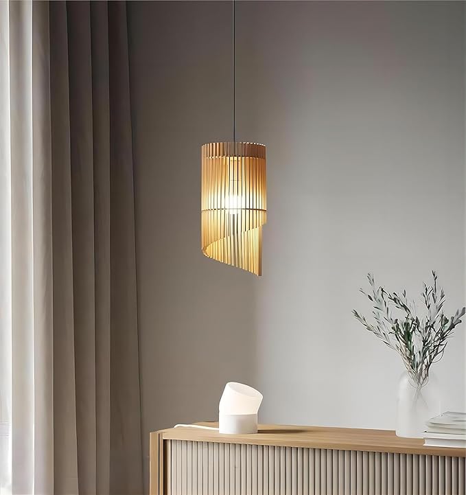 LIGHTLAND 7.9 Inch Wabi-sabi Style Pendant Light, Wooden Hanging Lamp, Vintage Japanese Style Hanging Light, Pendant Lamp for Bedroom, Dining Room, Bar (Pack of 1)