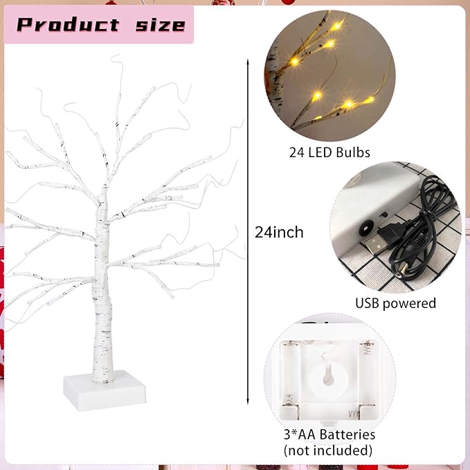 24" Valentine's LED Lighted Birch Tree with 18pcs Ornaments,Warm White LEDs Birch Tree Light Tabletop Artificial Tree 8 Lighting Modes USB or Batteries Operated with Timer for Valentine