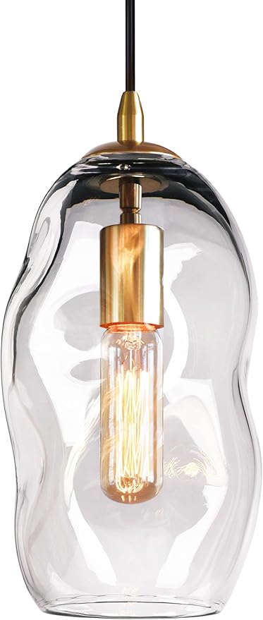 CASAMOTION Pendant Lights Blown Art Glass Modern Kitchen Island Lighting Bedroom Dining Room Table Foyer Entryway Hallway Brass Gold Kit Clear Large Lamp 12" Inch 1 Pack