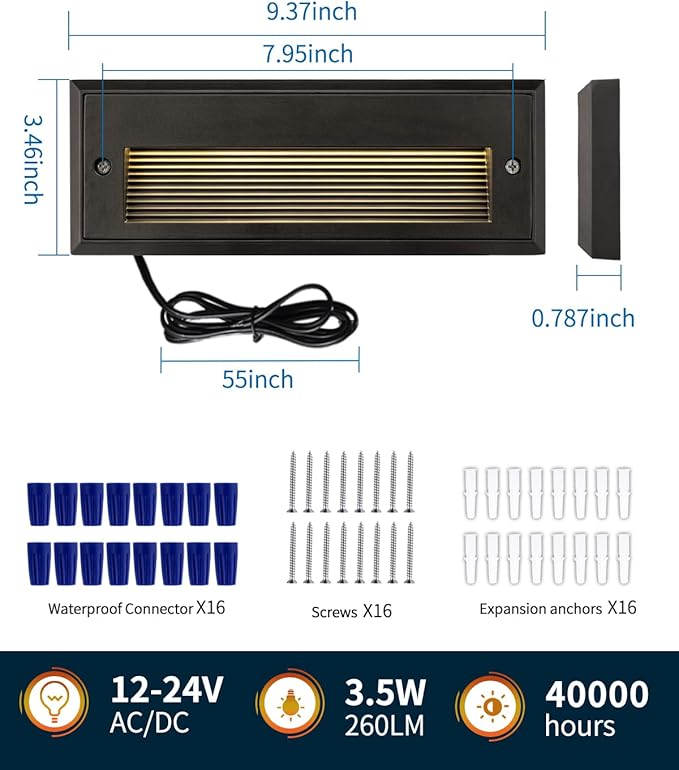 9 Inch Low Voltage Step Lights Outdoor, 3.5W 260lm IP65 LED Landscape Stair Lights, 12-24V AC/DC Deck Step Light for Stairs, Concrete Steps, 2700K, 5ft Corded, 8 Pack, ORB Finish, Aluminum