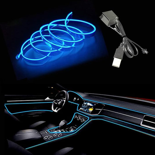 El Wire Blue Interior Car LED Strip Lights, 5M Neon Wire USB 5V with Fuse Protection for Automotive Interior Decoration, with 6mm Sewing Edge