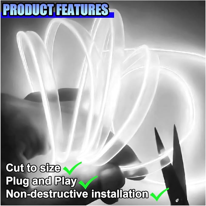 EL Wire Car Interior LED Strip Lights, 5V 16FT Neon Light Strip with Sewing Edge, USB Electroluminescent Car Interior Lights with Fuse Protection, Vehicle Ambient Lighting Decorations (White)