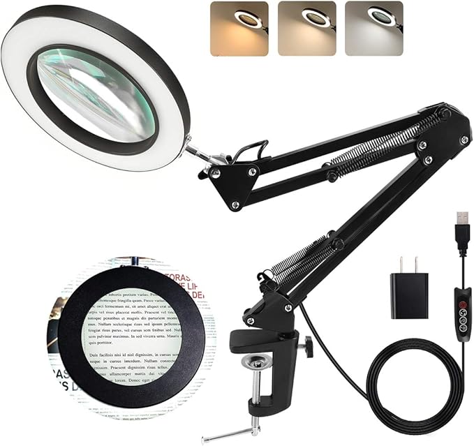 LANCOSC 10X Magnifying Glass with Light and Stand, Optical-Grade Glass Lens, 3 Color Modes Stepless Dimmable, Adjustable Swivel Arm, LED Magnifier Desk Lamp for Close Work Repair Crafts Reading, Black