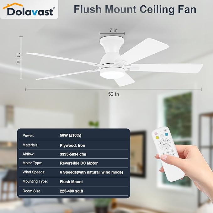 Ceiling Fans with Lights and Remote, 52 Inch White Ceiling Fan with Light, Low Profile Reversible Fandelier Ceiling Fan, Dimmable LED, Flush Mount, Quiet DC Motor, for Bedroom Kitchen