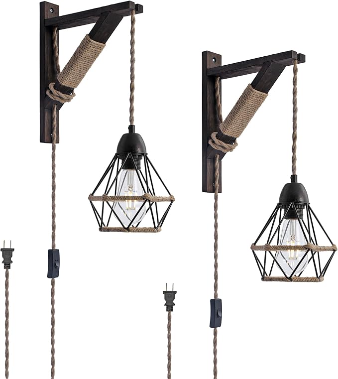 SEEBLEN Plug in Wall Light Sconce Set of 2,Farmhouse Wall Lamp with Plug in Cord On/Off Switch,Industrial Lamp with Metal Cage for Bedroom Headboard Living Room.