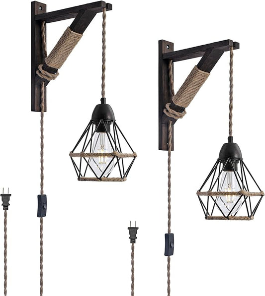 SEEBLEN Plug in Wall Light Sconce Set of 2,Farmhouse Wall Lamp with Plug in Cord On/Off Switch,Industrial Lamp with Metal Cage for Bedroom Headboard Living Room.