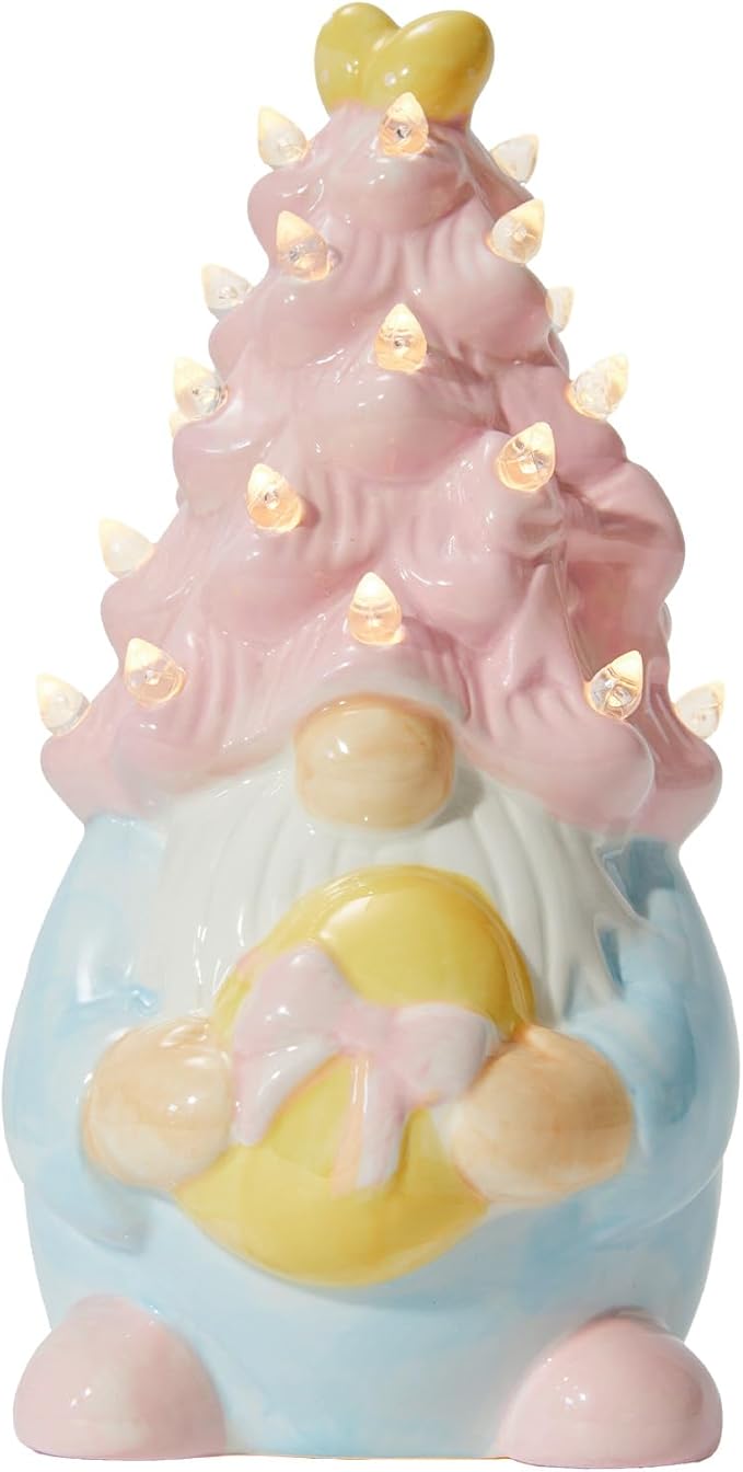WDS WONDROUS Easter Decorations Lighted Gnome Figurine, Ceramic Battery Operated LED Easter Decor with Pink Hair Holding Egg, Spring Home Decor, Table Centerpiece, Indoor Gnome Decorations