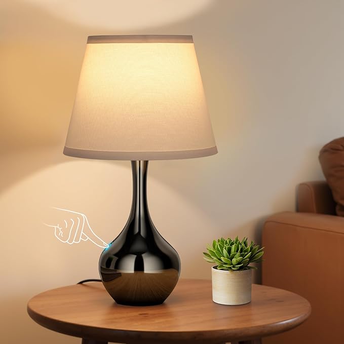 Seealle Touch Table Lamp for Bedroom, 3-Way Dimmable Small Bedside Lamps for Night Stands with Wires, Pearl-Black Desk Lamp for Kids Room, Office, Living Room, End Table(LED Bulb Included)