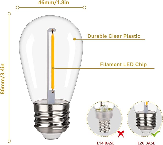 Shatterproof,Waterproof S14 String Light Bulbs Equivalent to 10 W, S14 led Bulb fits for Commercial Outdoor Patio Garden Vintage Lights, E26,2200K CRI90,70LM,Warm White,15 Pack