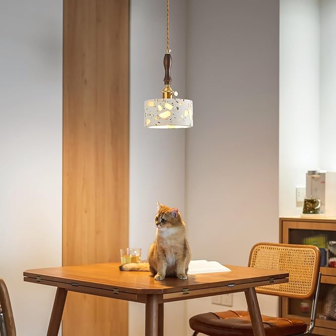 Modern terrazzo Pendant Light Fixture,Stone Pendant Lights with Wood Accent,Vintage Farmhouse Chandelier for Kitchen Island Dining Room Living Room Bedroom Restaurant Cafe