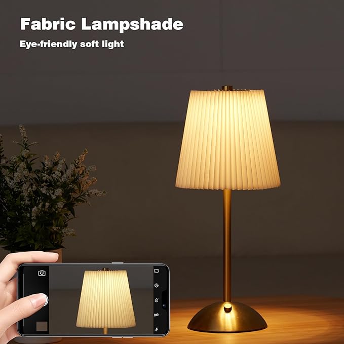 Cordless Rechargeable Table Lamp 3-Color Dimmable Touch Control, 3000mAh Battery Operated Portable Light Beige Fabric Shade for Bedroom, Living Room, Office, Nursery, Bathroom ( Antique Brass, Gift )