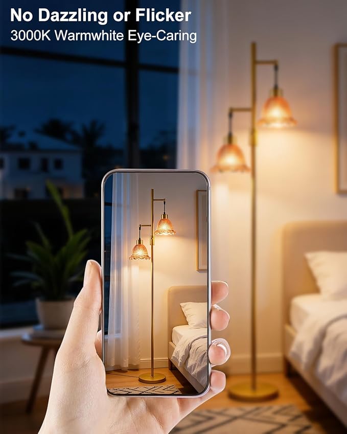65IN Glass Floor Lamp, 2-Light Gold Tall Standing Lamps Dimmable with Rose Red Glass Lampshade, 3000K Warmwhite Mid Century Modern Floor Lamp for Living Room/Bedroom/Sofa Beside/Home Decor