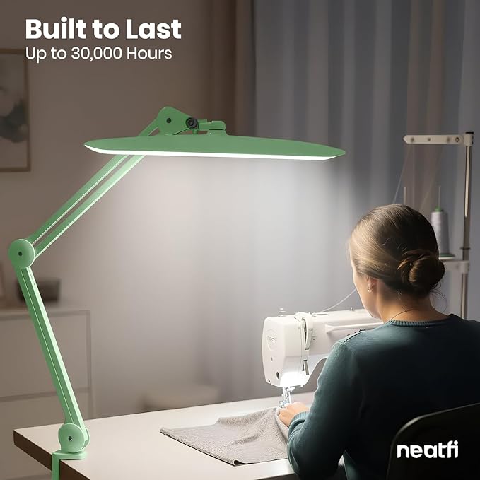 Neatfi XL LED Desk Lamp with Clamp, 2200 Lumens, 24W, 20-Inch Wide Head, Dimmable 4 Brightness Levels, Task Light for Home Office, Crafts, Workbench (Non-CCT, Midnight Green)