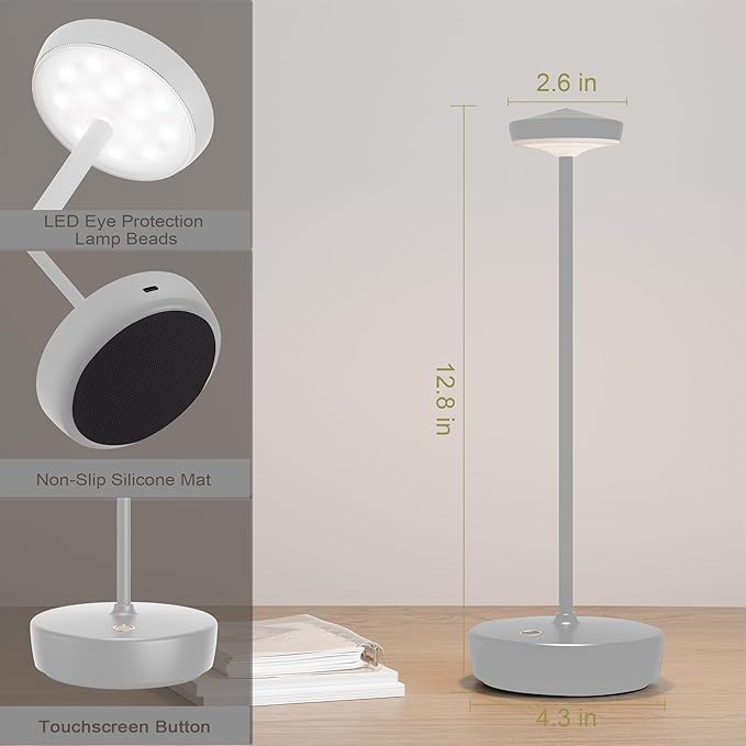 LED Cordless Table Lamp,Rechargeable Battery Operated 3 Levels Brightness with Memory Function IP54 Waterproof Portable Lights for Outdoor Patio,Travel,Cafe,Restaurant(2P White)