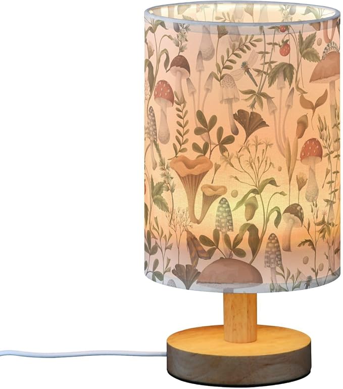 Bedside Table Lamp Mushrooms Nightstand Lamp with Wood Vintage Flower Leaves Desk Lamps for Bedroom Living Room Nursery Office Home Decor