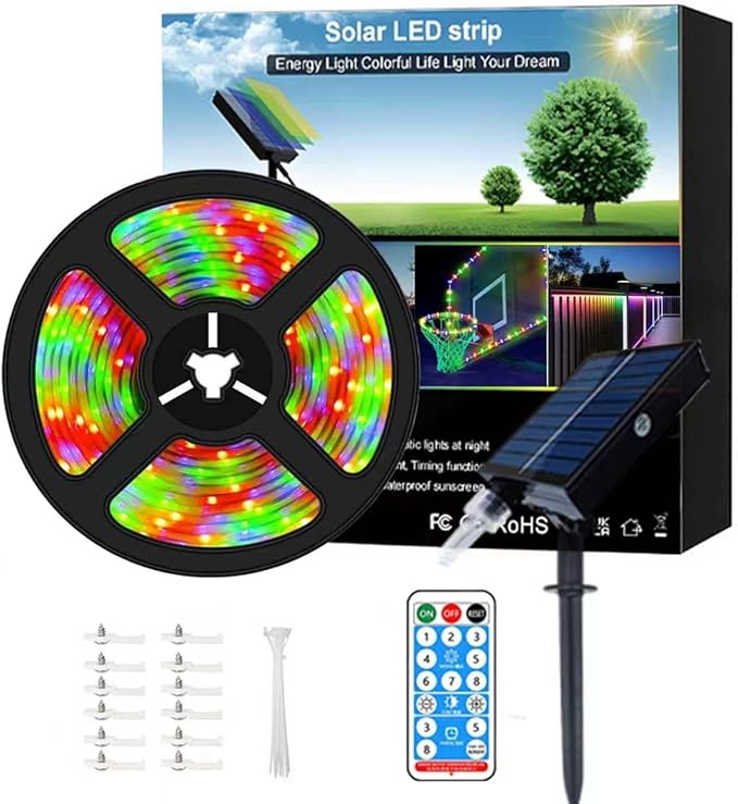 20ft Solar LED Strip Lights (Four-Color Fixed) - 336 LEDs Auto On/Off, 8 Modes with Remote Timer, Waterproof Self-Adhesive for Outdoor Decor, Patio, Poolside, Camping