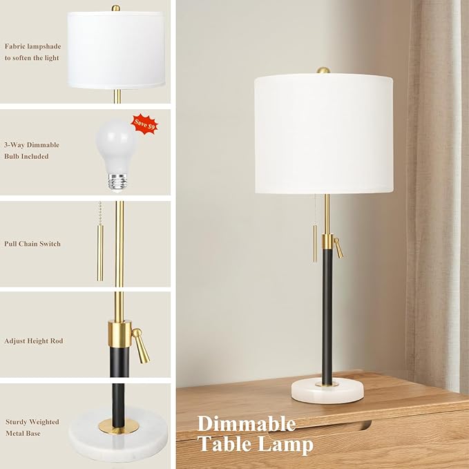 Black and Gold Table Lamps Set of 2: 22" to 30" Height Adjustable Nightstand Lamps with White Linen Shade | Pull Chain Switch | Marble Base - 3 Way Dimmable Beside Lamp for Bedrooms Living Room