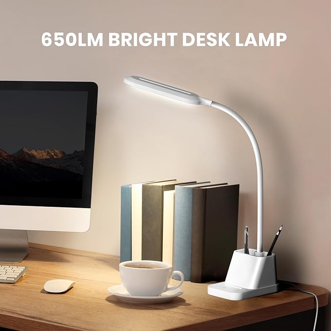AXX White LED Desk Lamp with USB Charging Port, Flexible Gooseneck Table Light, 650LM, Phone Mount, Pen Holder, Timer Settings, Study Essentials for College Dorm Room Home Office Bedroom