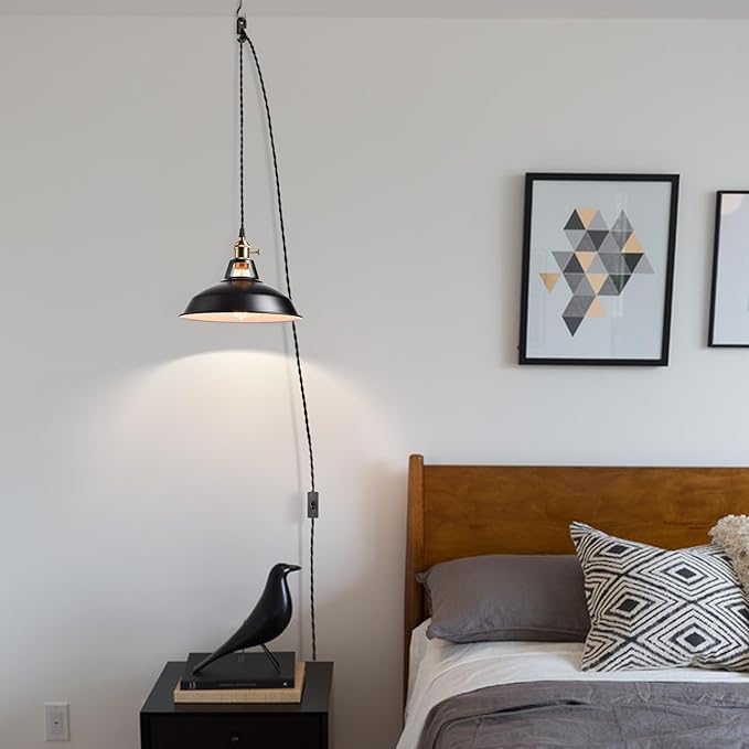 YUBOLE Industrial Hanging Lights with Plug in Cord, Black Barn Pendant Light with Switch for Kitchen Bedroom Bar Reataurant Cafe Loft