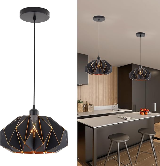 Industrial Black Pendant Lights Kitchen Island,11.8" Metal Dome Hanging Lighting Fixture Modern Wire Cutting Hollow Out Chandelier for Dining Living Room Bar Counter Restaurant,E26