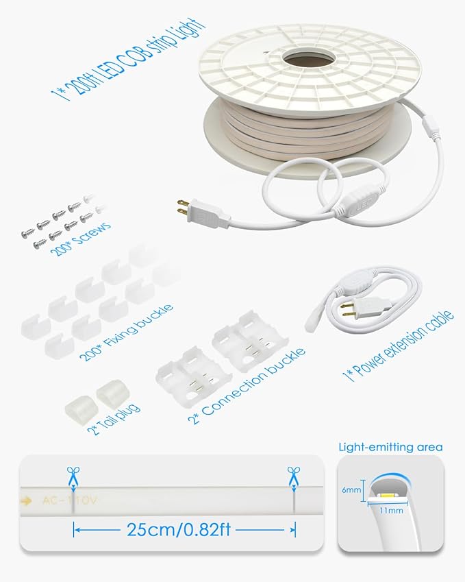 Waterproof COB Led Rope Lights Outdoor 200FT IP67 Warm White 3000K AC 110~120V Flexible Led Light Strip for Outside 288Leds/M High Density Uniform COB Light LED Strip Plug in 60M