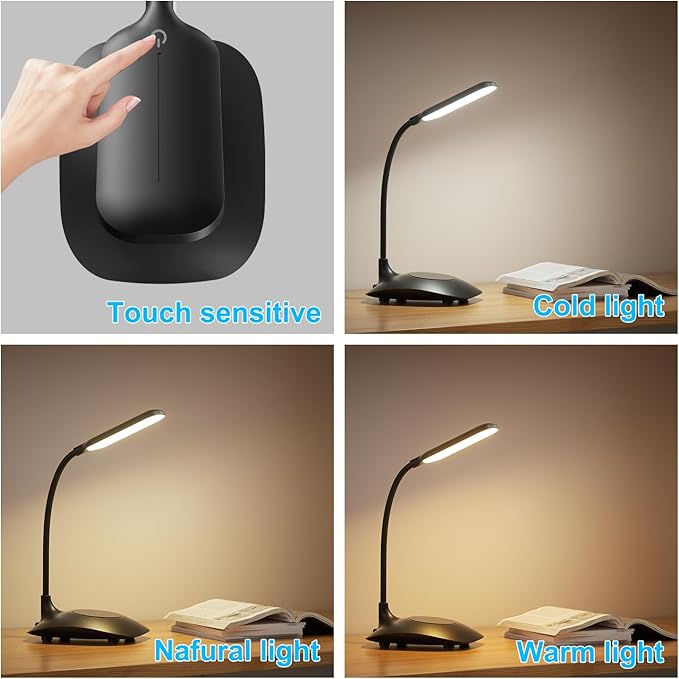LED Desk Lamp with Adjustable Gooseneck, Office Desk Light Eye-Caring Office Lamp with Touch Control Dimmable Table Lamp, Flexible Goose Neck Study Lamps, Reading Lamp Table Lamp for Bedroom Bedside