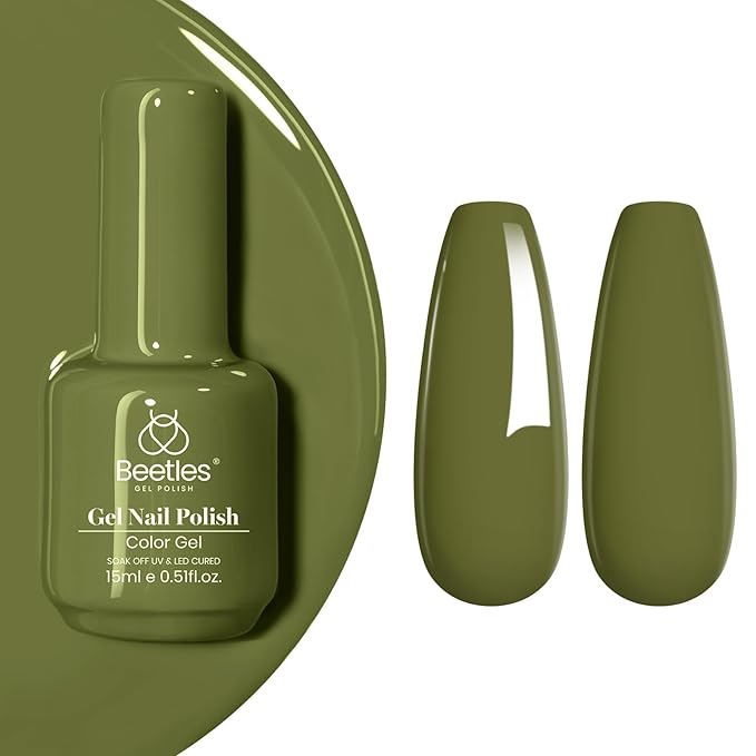 Beetles Olive Green Gel Nail Polish, 15ML Army Green Earth Tone St Patricks Day Gel Nail Polish, Long Lasting Soak Off Manicure for DIY Spring Nails Art